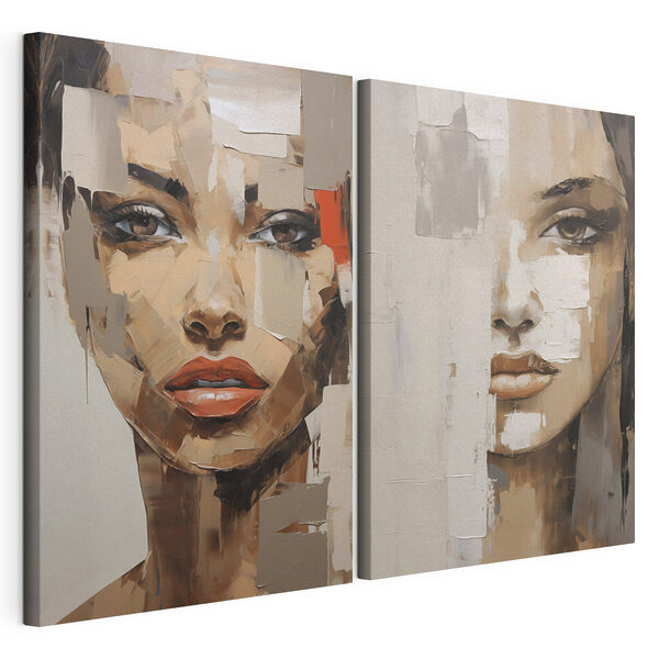 Twee schilderijen van het gezicht van een vrouw Modulaire canvasprint Twee schilderijen van het gezicht van een vrouw