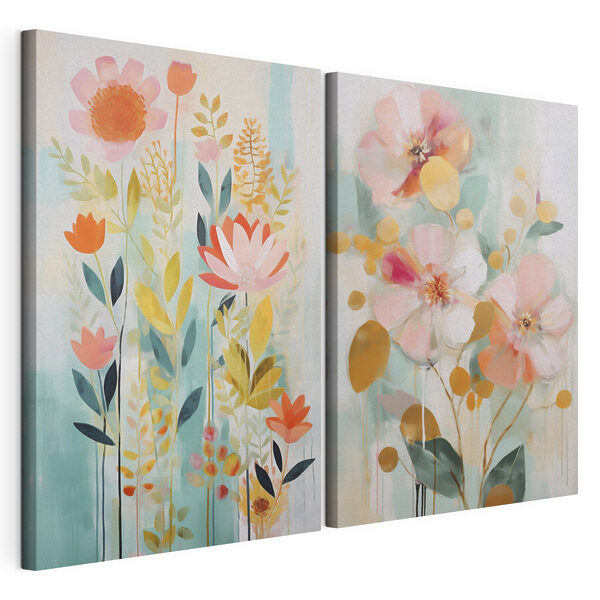 Twee schilderijen van bloemen en bladeren Modulaire canvasprint Twee schilderijen van bloemen en bladeren