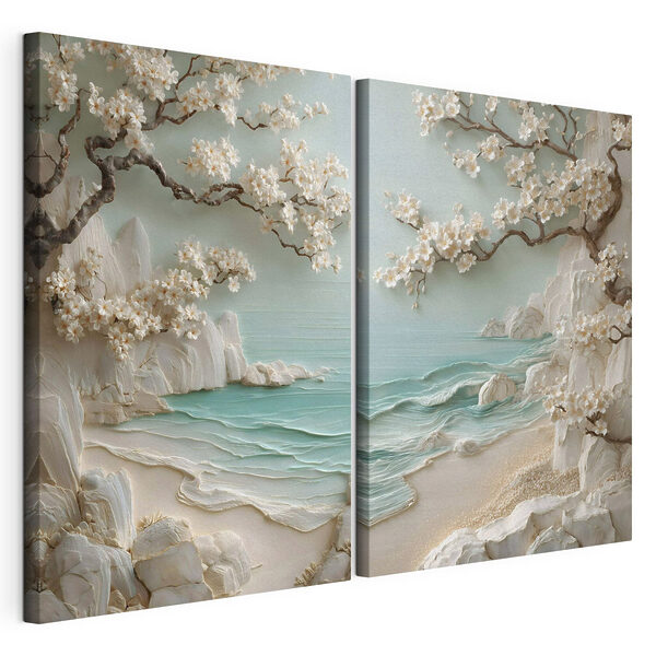 Schilderij van een strand en een boom Modulaire canvasprint Schilderij van een strand en een boom