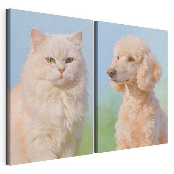 Kat en hond die naar de camera kijken Modulaire canvasprint Kat en hond die naar de camera kijken