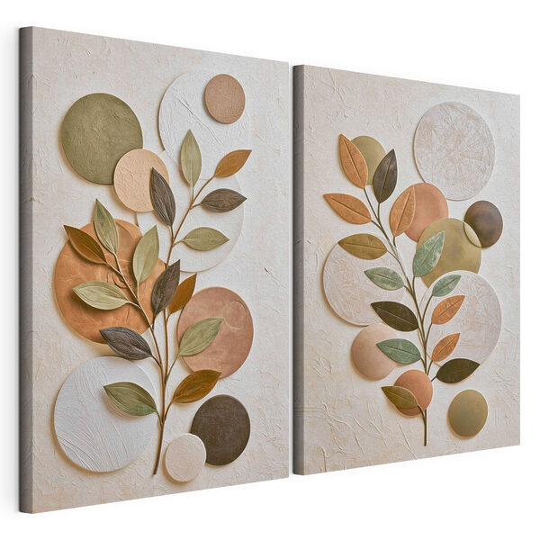 Collage van een plant met bladeren en cirkels Modulaire canvasprint Collage van een plant met bladeren en cirkels