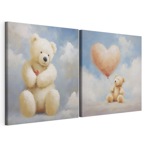 Twee foto's van een teddybeer die een ballon vasthoudt Modulaire canvasprint Twee foto's van een teddybeer die een ballon vasthoudt