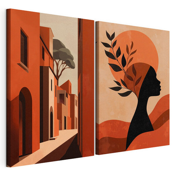 Vrouw met een hoed op haar hoofd en een straat met gebouwen Modulaire canvasprint Vrouw met een hoed op haar hoofd en een straat met gebouwen