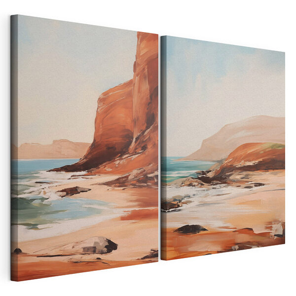 Schilderij van een strand en een rotsachtige klif Modulaire canvasprint Schilderij van een strand en een rotsachtige klif