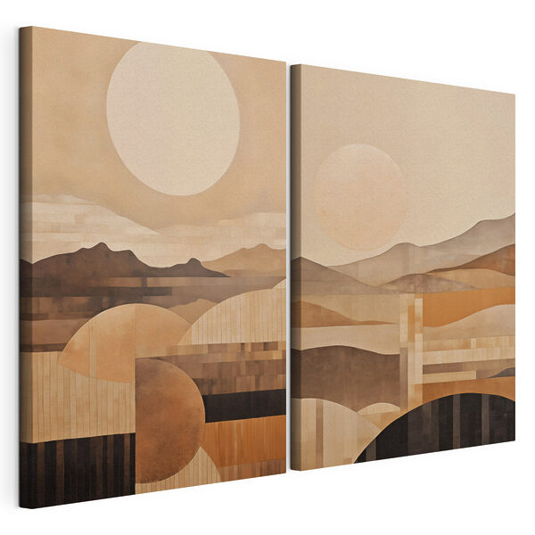 Schilderij van heuvels en de zon Modulaire canvasprint Schilderij van heuvels en de zon