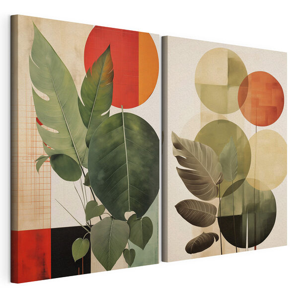 Twee afbeeldingen van bladeren en cirkels Modulaire canvasprint Twee afbeeldingen van bladeren en cirkels