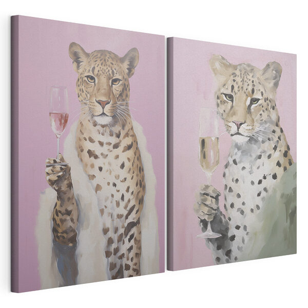 Schilderij van een cheeta met een glas wijn in zijn poot Modulaire canvasprint Schilderij van een cheeta met een glas wijn in zijn poot