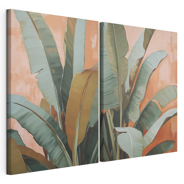 Levendig gebladerte tegen een warme achtergrond Modulaire canvasprint Levendig gebladerte tegen een warme achtergrond