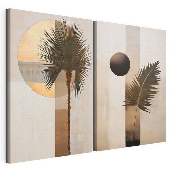 Tropische silhouetten tegen een zachte achtergrond Modulaire canvasprint Tropische silhouetten tegen een zachte achtergrond