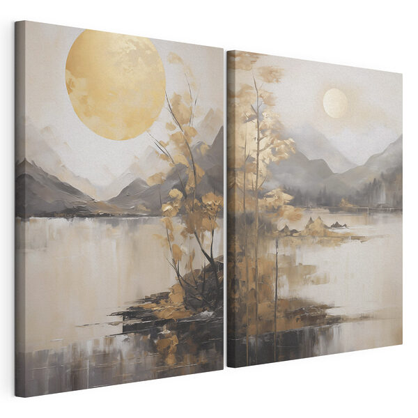 Modulaire canvasprint Schilderij van een landschap met een maan en bergen