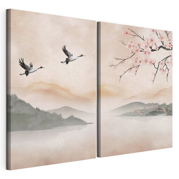 Modulaire canvasprint Twee vogels die over het water vliegen
