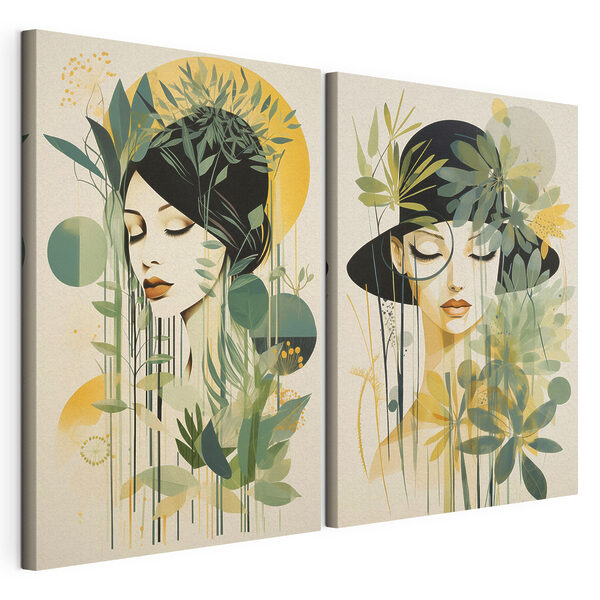 Modulaire canvasprint Twee afbeeldingen van een vrouw met bladeren