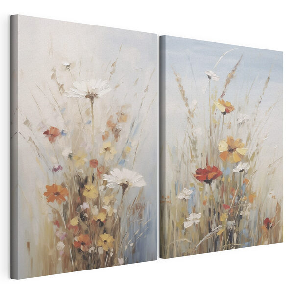 Schilderij van bloemen in een veld Modulaire canvasprint Schilderij van bloemen in een veld