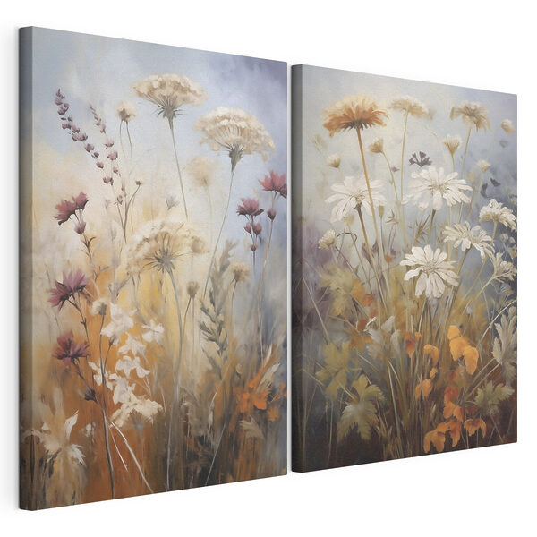 Schilderij van bloemen en gras Modulaire canvasprint Schilderij van bloemen en gras
