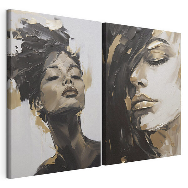 Modulaire canvasprint Collage van het gezicht van een vrouw en een schilderij van het gezicht van een vrouw