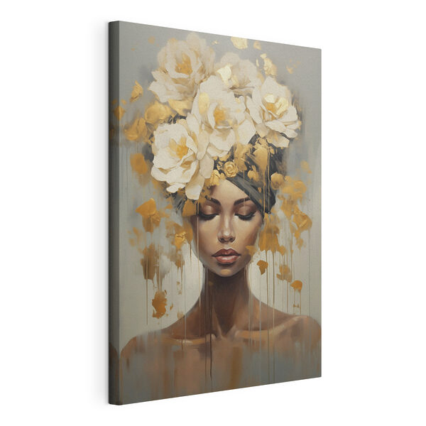 Canvas Schilderijen Schilderij van een vrouw met bloemen in haar haar