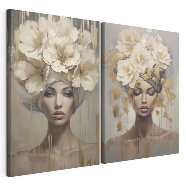 Schilderij van een vrouw met bloemen op haar hoofd Modulaire canvasprint Schilderij van een vrouw met bloemen op haar hoofd
