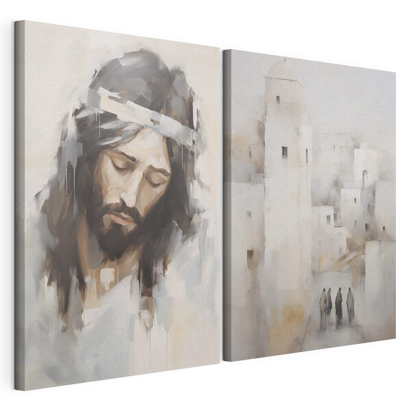 Schilderij van een man met een haarkroon en een stad Modulaire canvasprint Schilderij van een man met een haarkroon en een stad