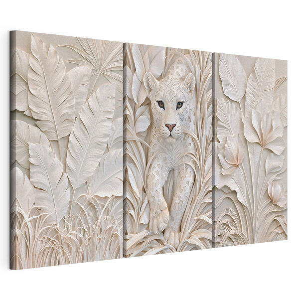 Modulaire canvasprint Beeld van een witte tijger met bladeren