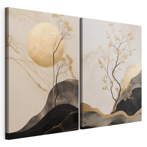 Schilderij van een boom en de maan Modulaire canvasprint Schilderij van een boom en de maan
