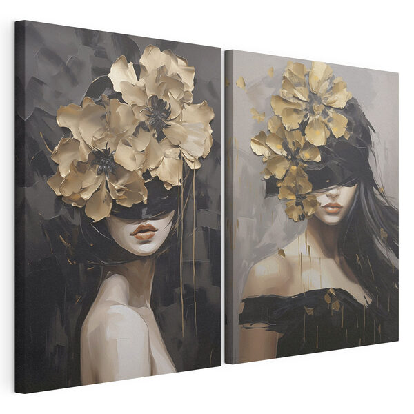 Schilderij van een vrouw met bloemen op haar hoofd Modulaire canvasprint Schilderij van een vrouw met bloemen op haar hoofd