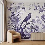 Fotobehang Vogel op een boomtak met bloemen